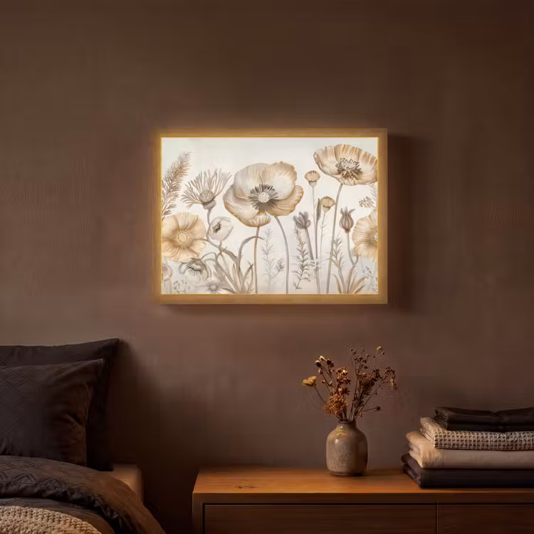 Bloemen - Beige - Natuur - Illustratie Light Box met batterij (Wandlamp) middel -sfeer4