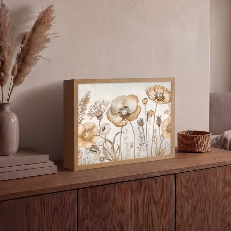 Bloemen - Beige - Natuur - Illustratie Light Box met batterij (Wandlamp) middel -sfeer2