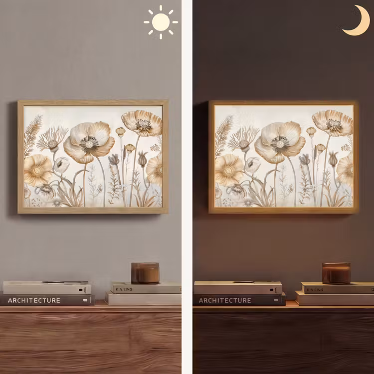 Bloemen - Beige - Natuur - Illustratie Light Box met batterij (Wandlamp) middel -sfeer3