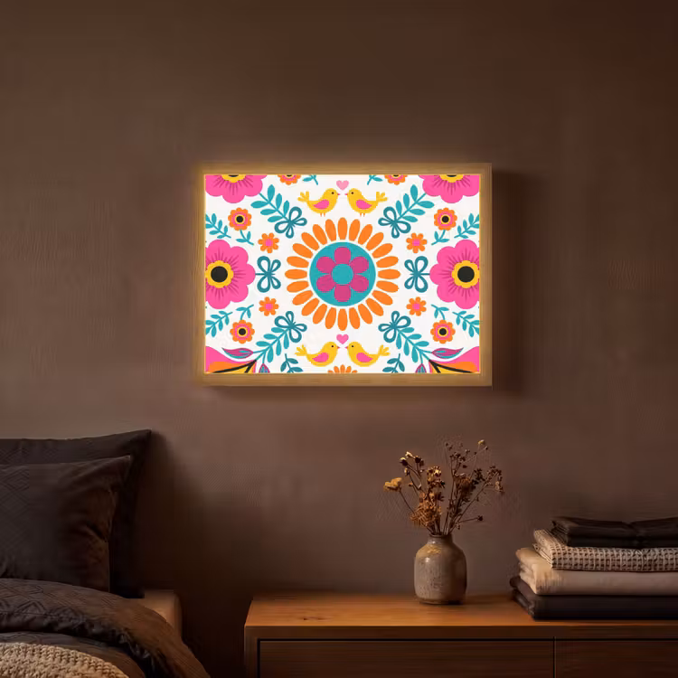 Bloemen - Vogel - Patroon - Kleurrijk - Modern Light Box met batterij (Wandlamp) middel -sfeer4