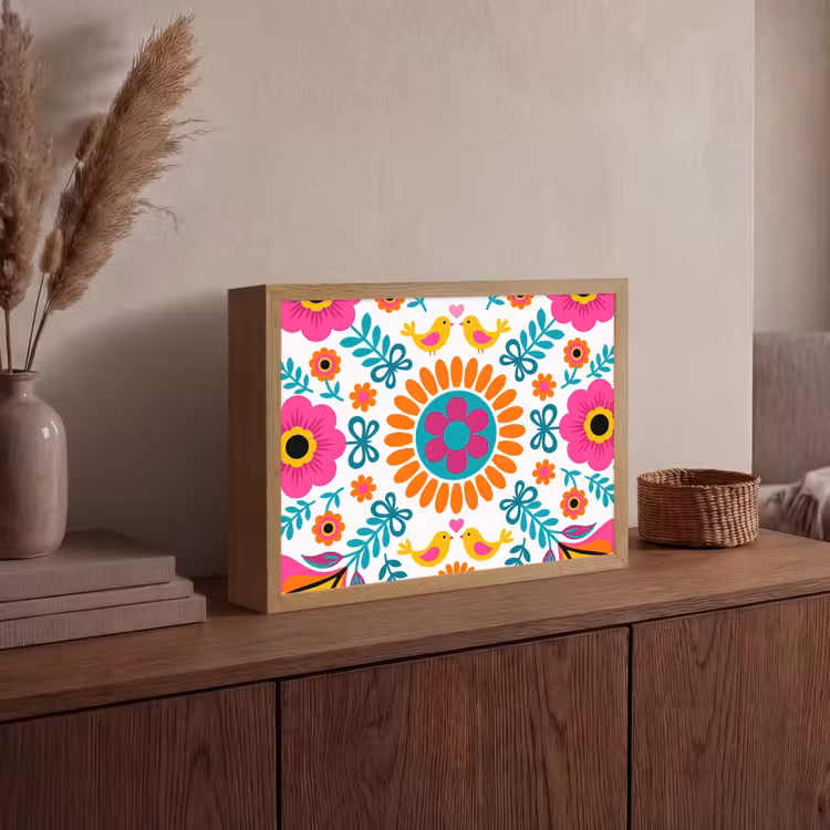 Bloemen - Vogel - Patroon - Kleurrijk - Modern Light Box met batterij (Wandlamp) middel -sfeer2
