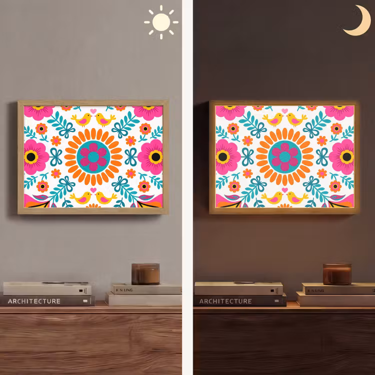 Bloemen - Vogel - Patroon - Kleurrijk - Modern Light Box met batterij (Wandlamp) middel -sfeer3