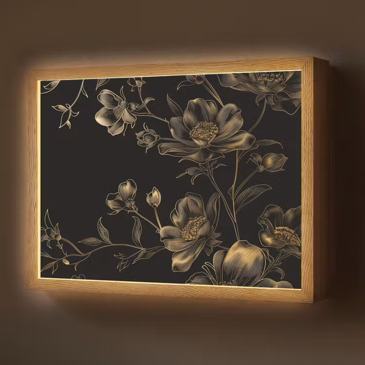 Bloemen - Zwart - Goud - Line art Light Box met batterij (Wandlamp) middel -z3d_website