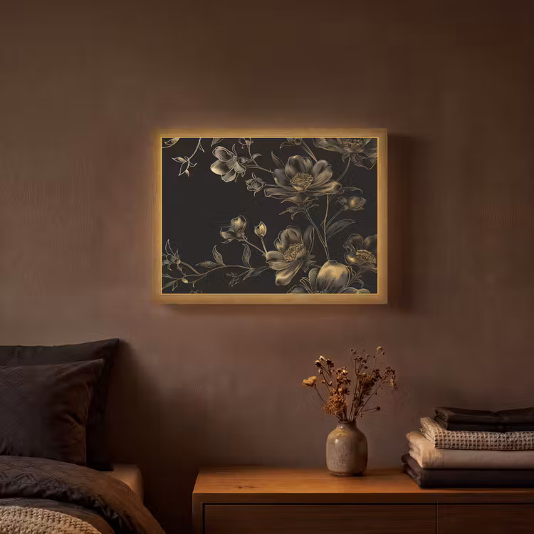 Bloemen - Zwart - Goud - Line art Light Box met batterij (Wandlamp) middel -sfeer4
