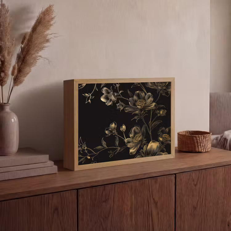 Bloemen - Zwart - Goud - Line art Light Box met batterij (Wandlamp) middel -sfeer2