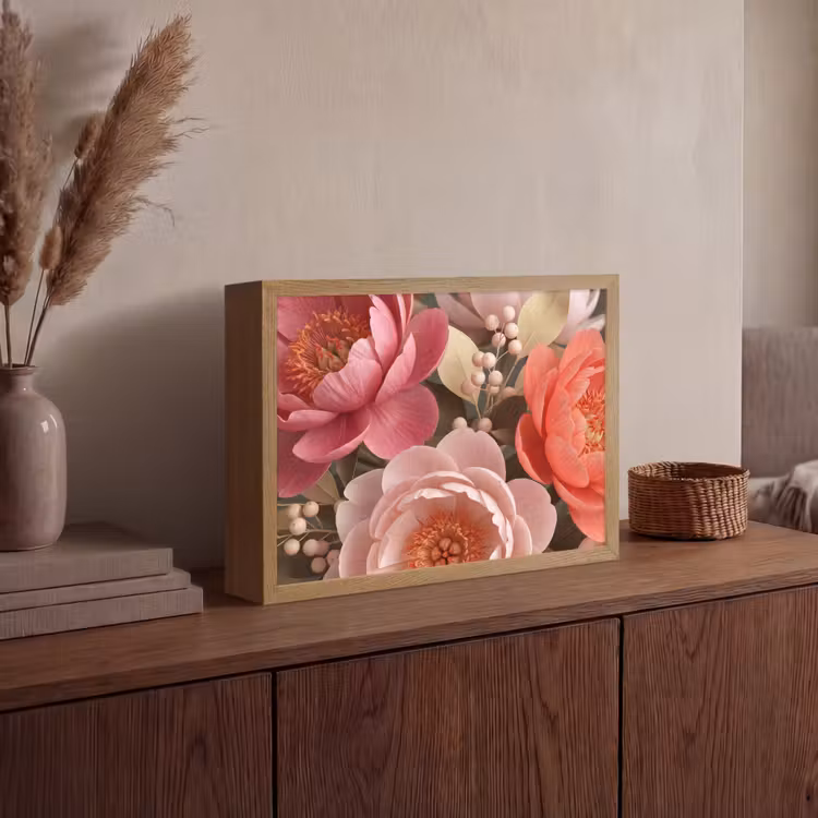 Bloemen - Bloesem - Zacht - Koraal - Decoratie Light Box met batterij (Wandlamp) middel -sfeer2