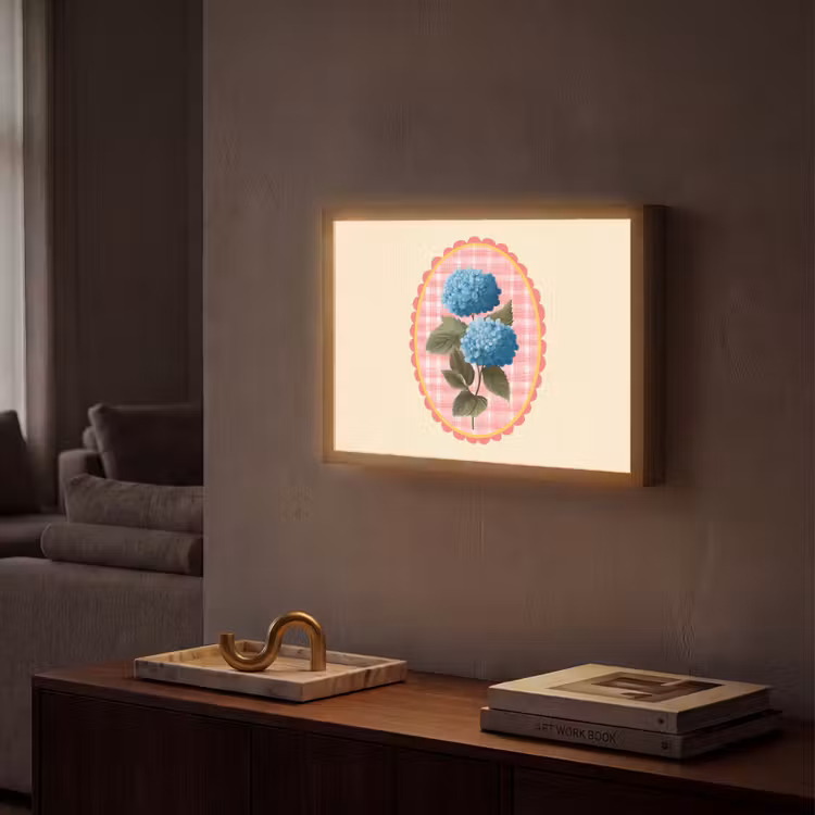 Bloemen - Blauw - Lijst - Bladeren Light Box met batterij (Wandlamp) middel -sfeer1
