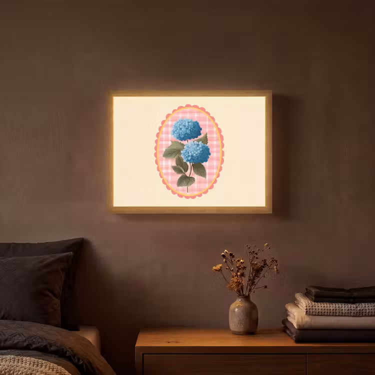 Bloemen - Blauw - Lijst - Bladeren Light Box met batterij (Wandlamp) middel -sfeer4