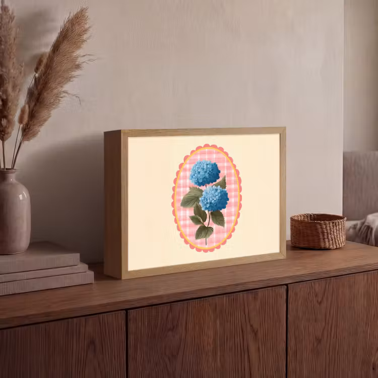Bloemen - Blauw - Lijst - Bladeren Light Box met batterij (Wandlamp) middel -sfeer2