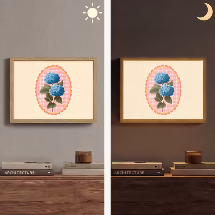 Bloemen - Blauw - Lijst - Bladeren Light Box met batterij (Wandlamp) middel -sfeer3