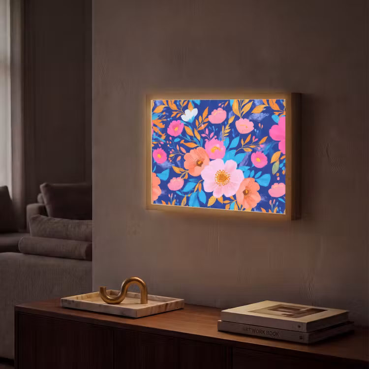 Bloemen - Blauw - Roze Light Box met batterij (Wandlamp) middel -sfeer1