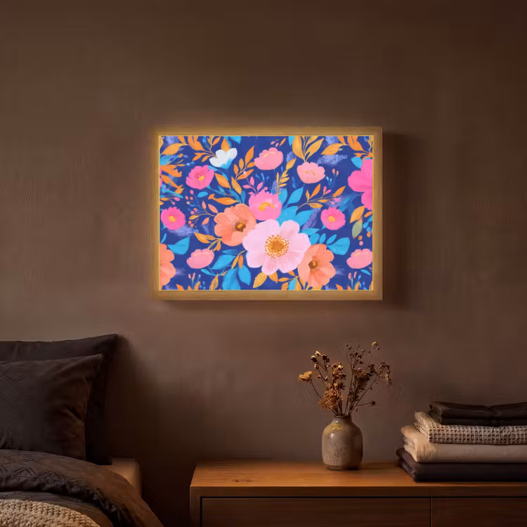 Bloemen - Blauw - Roze Light Box met batterij (Wandlamp) middel -sfeer4