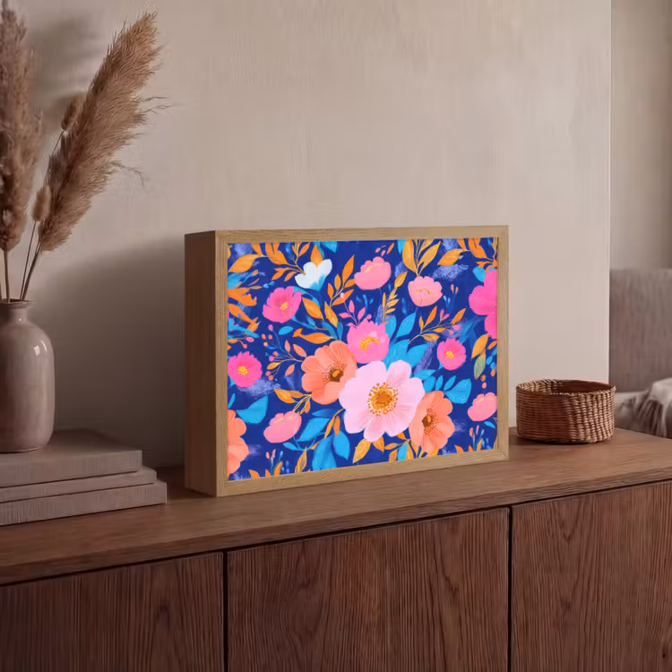 Bloemen - Blauw - Roze Light Box met batterij (Wandlamp) middel -sfeer2