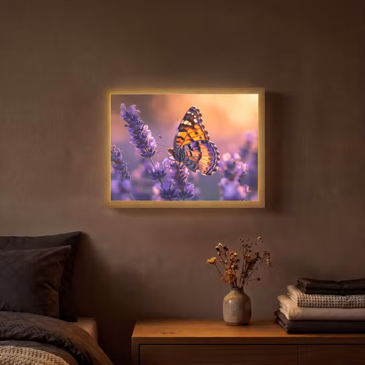 Bloemen - Vlinder - Lavendel - Bloem - Natuur Light Box met batterij (Wandlamp) middel -sfeer4