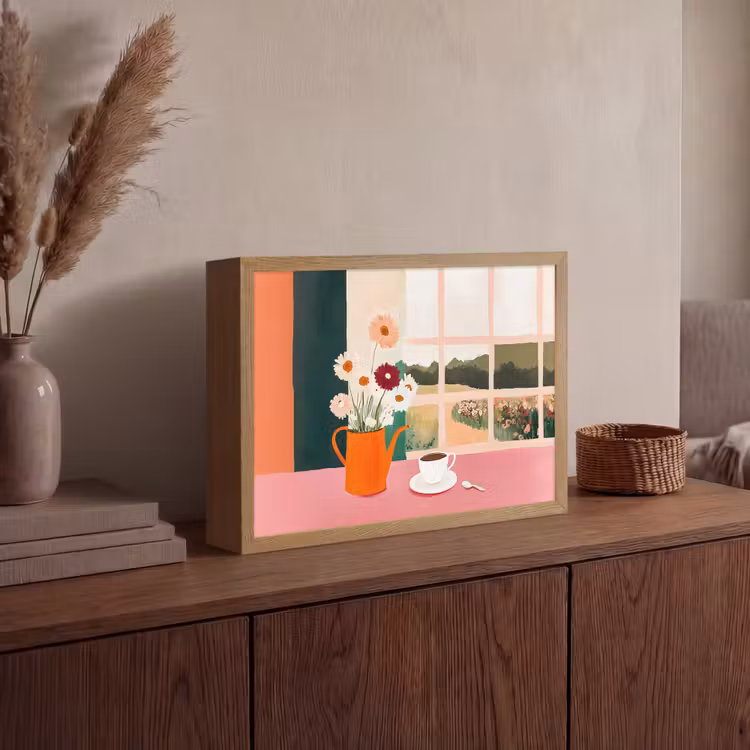 Bloemen - Koffie - Raam Light Box met batterij (Wandlamp) middel -sfeer2