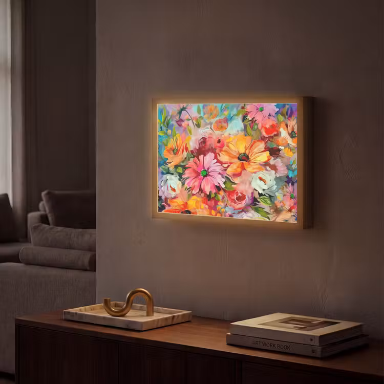 Bloemen - Kleurrijk - Kunst - Olieverf Light Box met batterij (Wandlamp) middel -sfeer1
