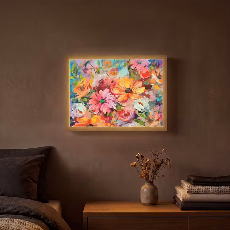 Bloemen - Kleurrijk - Kunst - Olieverf Light Box met batterij (Wandlamp) middel -sfeer4