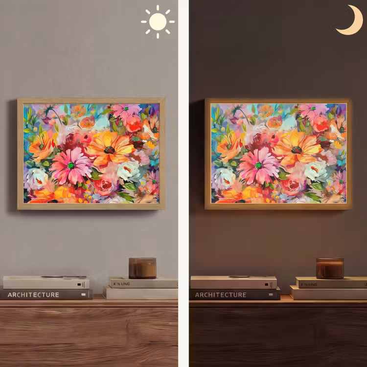 Bloemen - Kleurrijk - Kunst - Olieverf Light Box met batterij (Wandlamp) middel -sfeer3