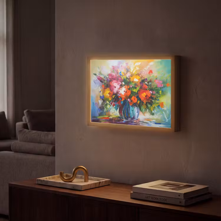 Bloemen - Kleurrijk - Bloempot - Olieverf Light Box met batterij (Wandlamp) middel -sfeer1
