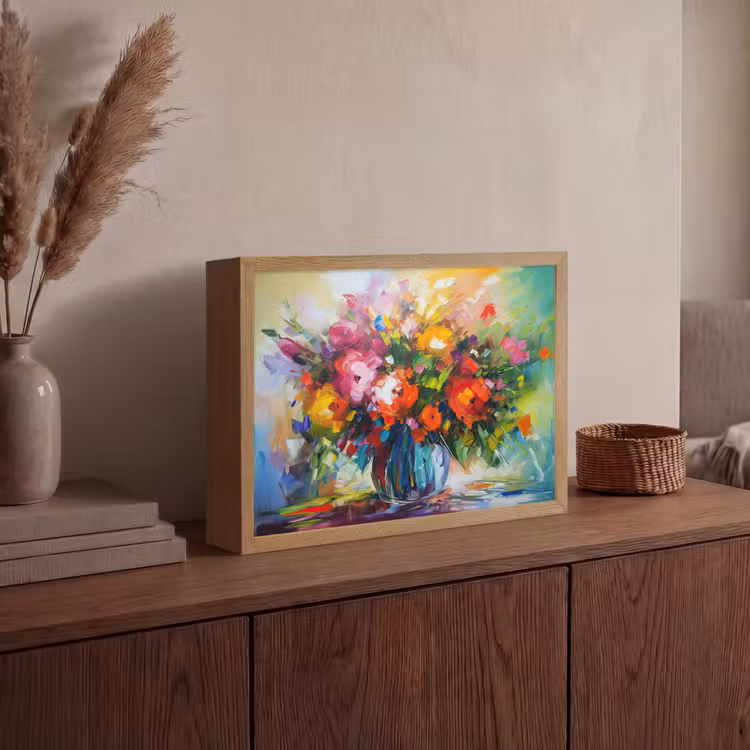 Bloemen - Kleurrijk - Bloempot - Olieverf Light Box met batterij (Wandlamp) middel -sfeer2