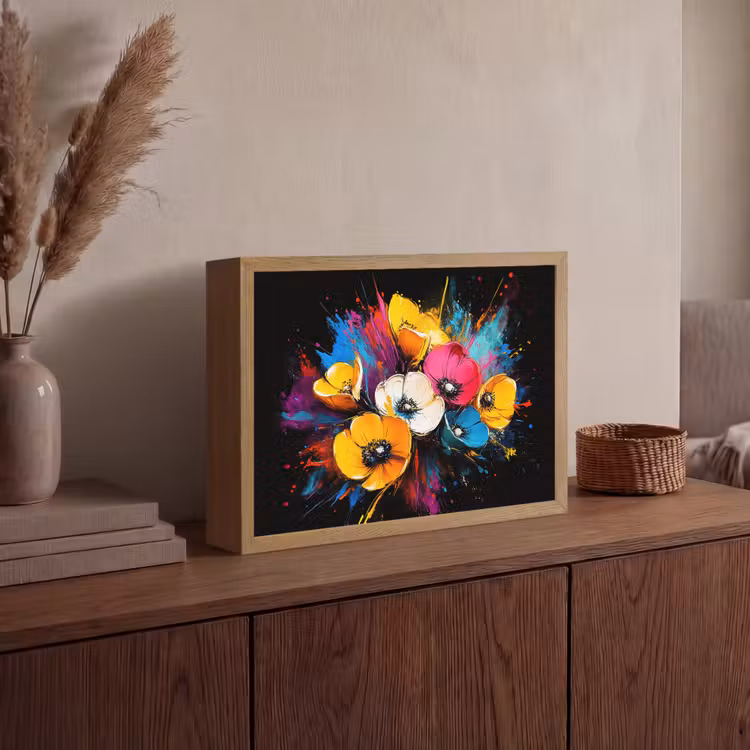 Bloemen - Kleurrijk - Graffiti - Modern - Boeket Light Box met batterij (Wandlamp) middel -sfeer2
