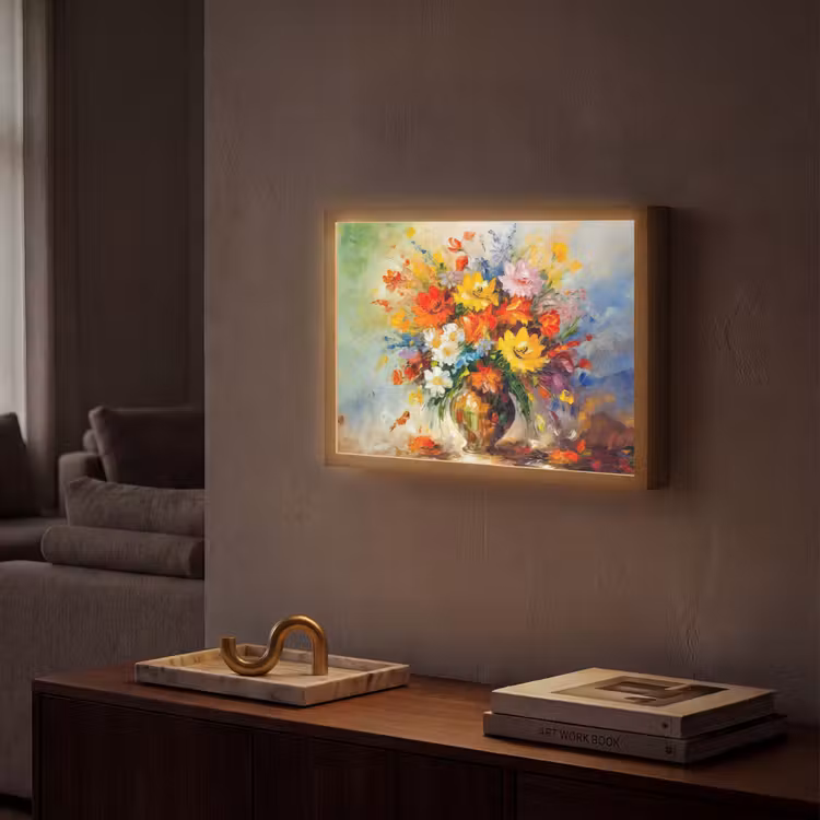 Bloemen - Kleurrijk - Olieverf - Bloempot Light Box met batterij (Wandlamp) middel -sfeer1