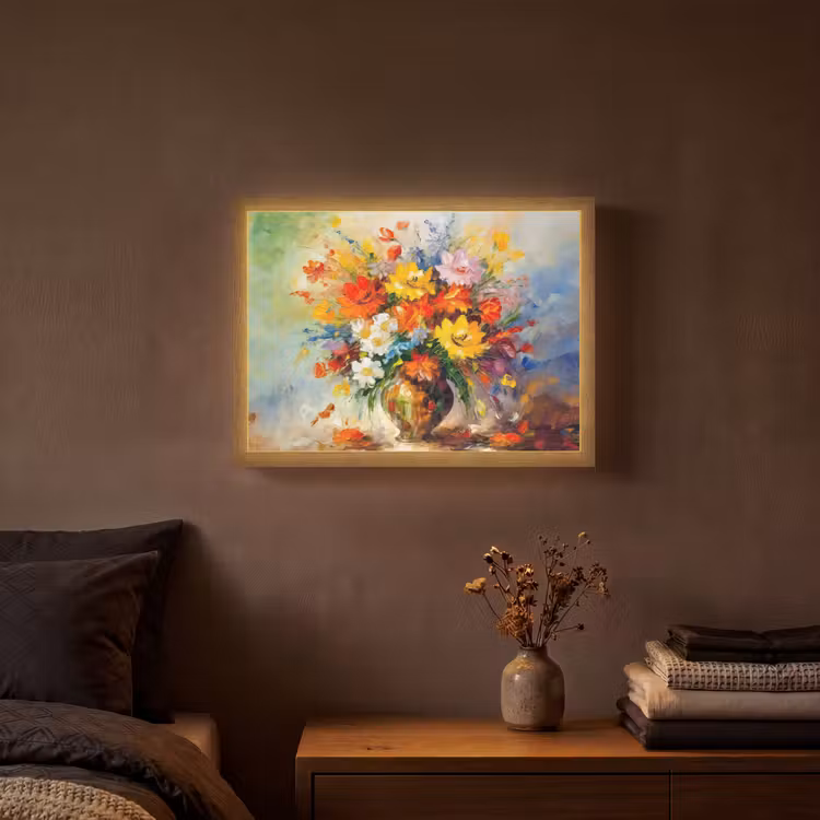 Bloemen - Kleurrijk - Olieverf - Bloempot Light Box met batterij (Wandlamp) middel -sfeer4
