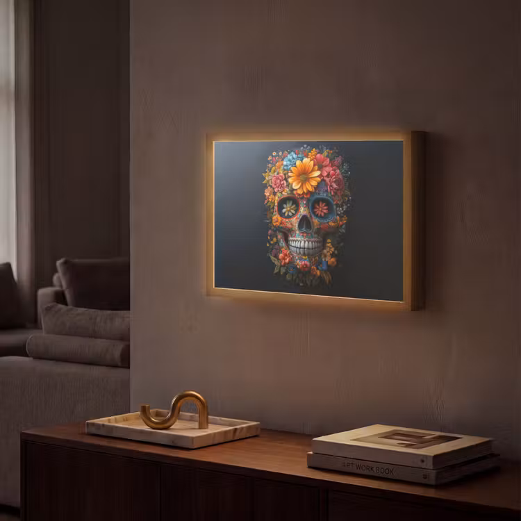 Bloemen - Kleurrijk - Schedel Light Box met batterij (Wandlamp) middel -sfeer1