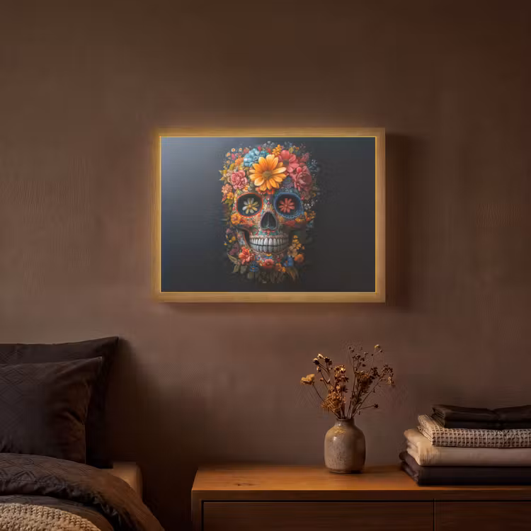Bloemen - Kleurrijk - Schedel Light Box met batterij (Wandlamp) middel -sfeer4