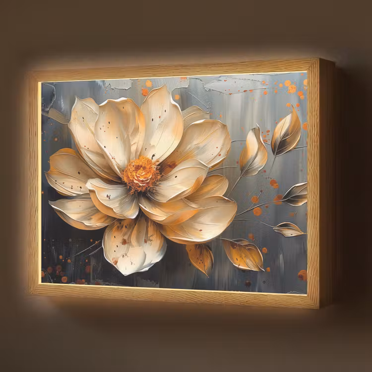Bloemen - Goud - Kunst - Zwart - Modern Light Box met batterij (Wandlamp) middel -z3d_website