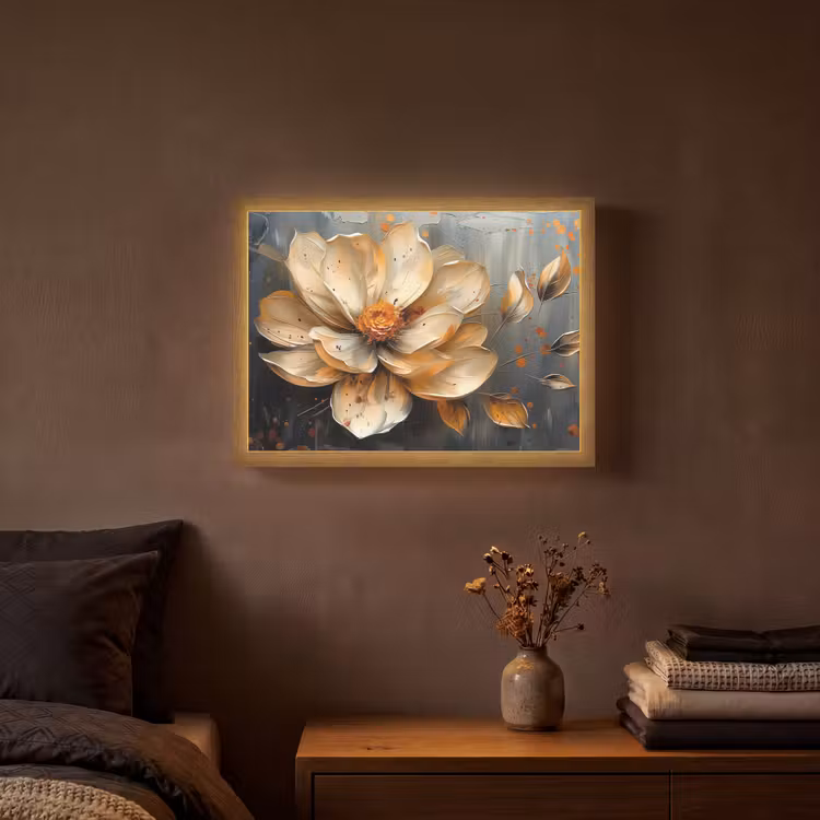 Bloemen - Goud - Kunst - Zwart - Modern Light Box met batterij (Wandlamp) middel -sfeer4