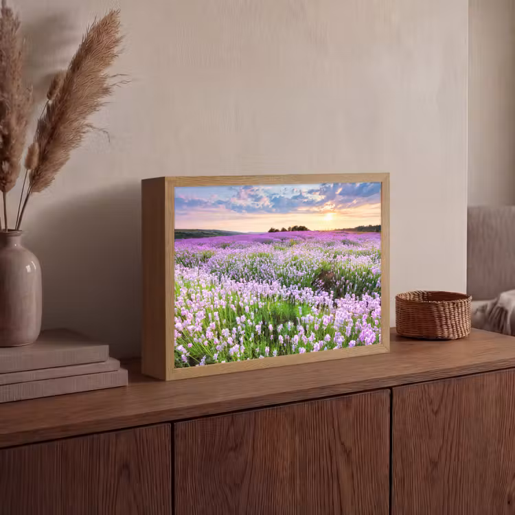 Bloemen - Lavendel - Paars - Lucht - Zonsondergang - Weide - Natuur Light Box met batterij (Wandlamp) middel -sfeer2