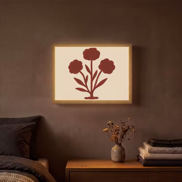 Bloemen - Bladeren - Rood - Minimalistisch Light Box met batterij (Wandlamp) middel -sfeer4
