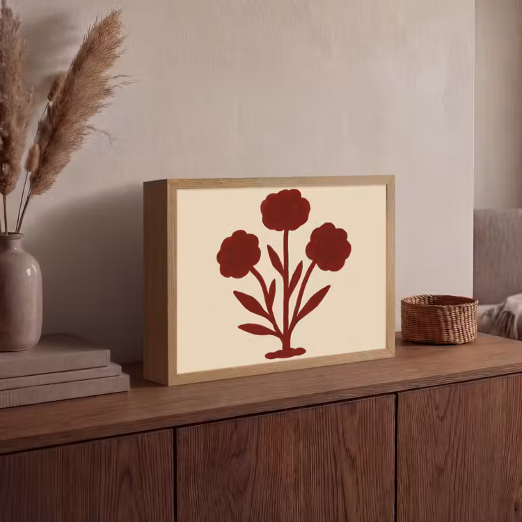 Bloemen - Bladeren - Rood - Minimalistisch Light Box met batterij (Wandlamp) middel -sfeer2