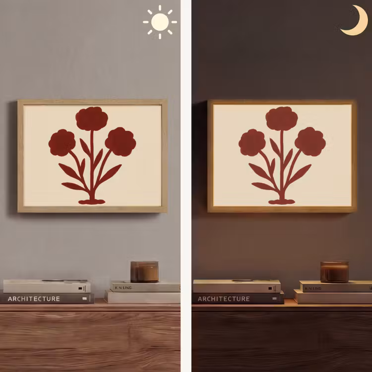 Bloemen - Bladeren - Rood - Minimalistisch Light Box met batterij (Wandlamp) middel -sfeer3