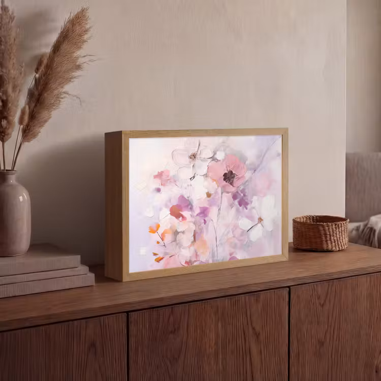 Bloemen - Lila - Watercolor - Kunst Light Box met batterij (Wandlamp) middel -sfeer2