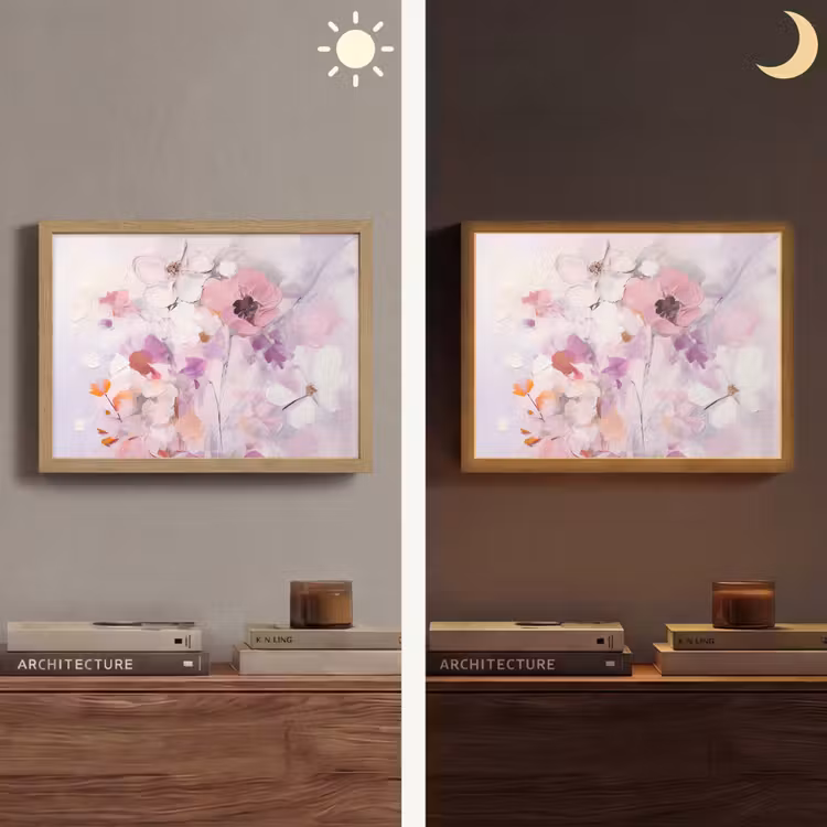 Bloemen - Lila - Watercolor - Kunst Light Box met batterij (Wandlamp) middel -sfeer3