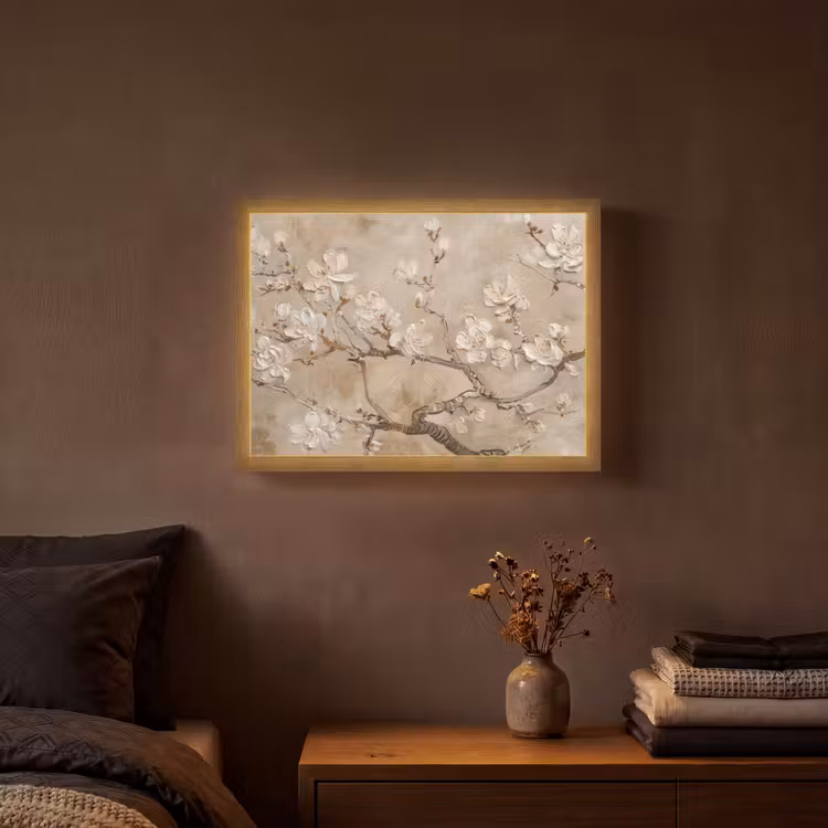 Bloemen - Modern - Beige - Wit - Bloesem Light Box met batterij (Wandlamp) middel -sfeer4