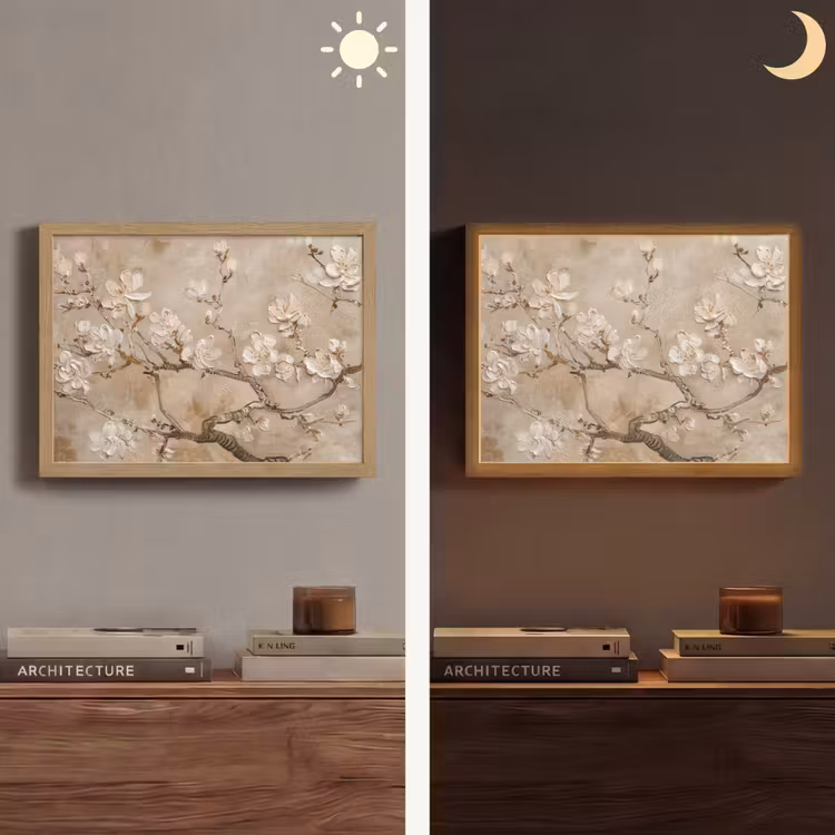 Bloemen - Modern - Beige - Wit - Bloesem Light Box met batterij (Wandlamp) middel -sfeer3