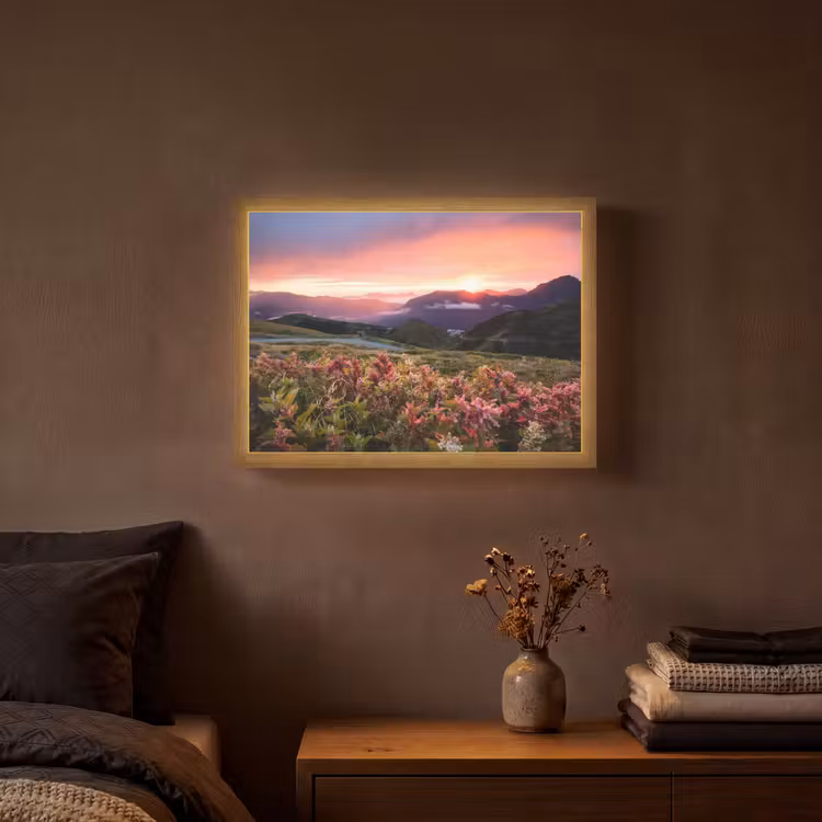 Bloemen - Bergen - Landschap - Nacht - Lucht - Roze Light Box met batterij (Wandlamp) middel -sfeer4