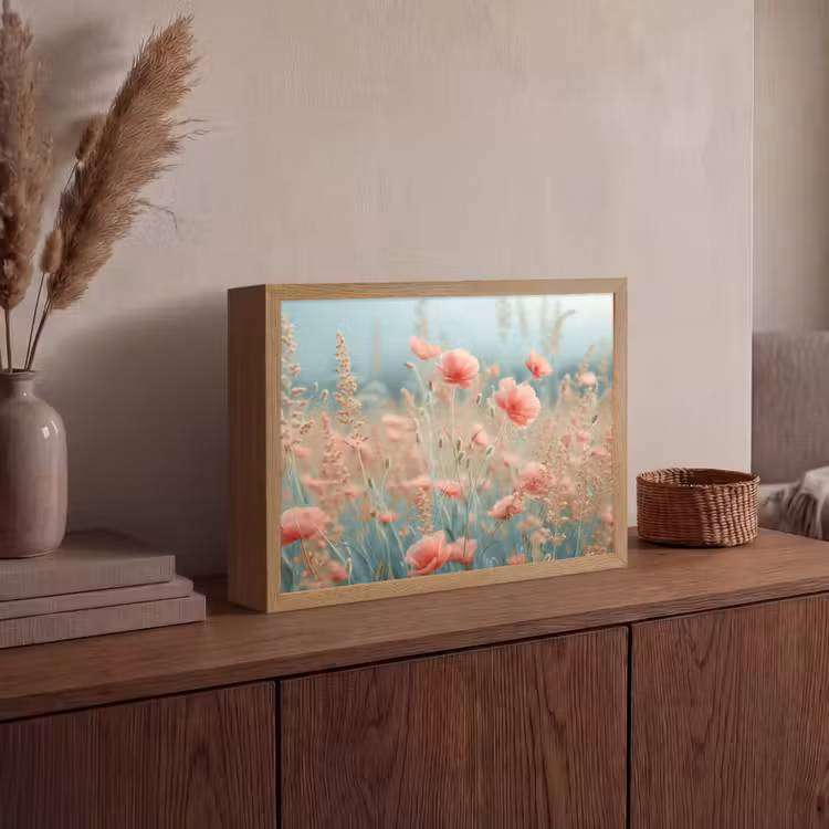 Bloemen - Natuur - Klaprozen - Bloemenveld Light Box met batterij (Wandlamp) middel -sfeer2