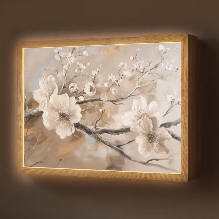 Bloemen - Natuur - Wit - Bloesem - Abstract Light Box met batterij (Wandlamp) middel -z3d_website