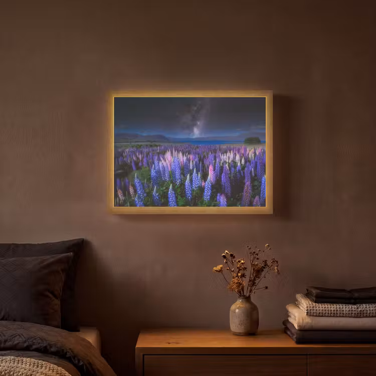 Bloemen - Nacht - Lupine - Sterrenhemel - Paars - Natuur Light Box met batterij (Wandlamp) middel -sfeer4
