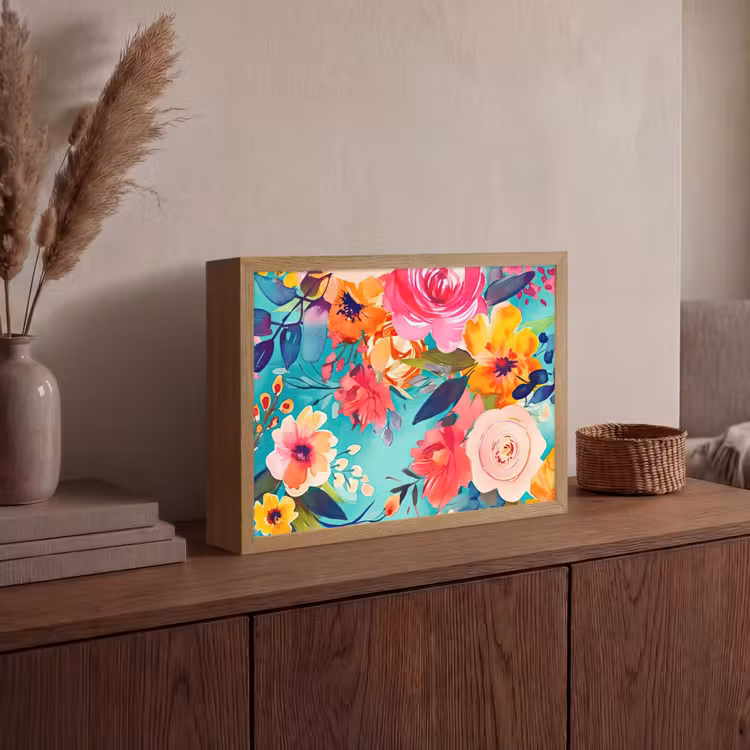 Bloemen - Olieverf - Kleurrijk - Natuur Light Box met batterij (Wandlamp) middel -sfeer2