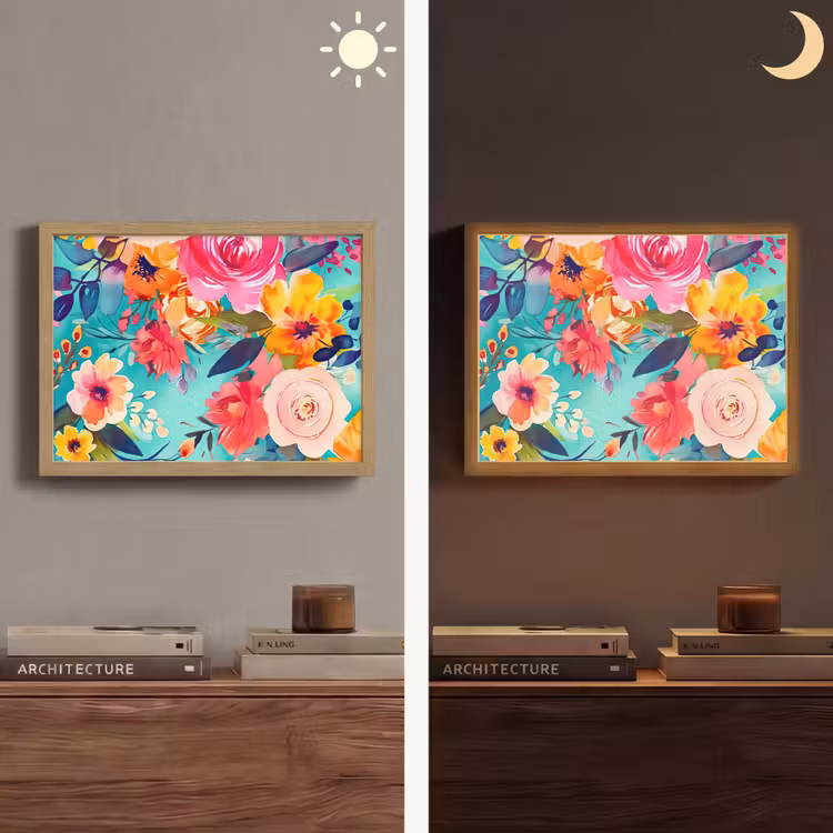 Bloemen - Olieverf - Kleurrijk - Natuur Light Box met batterij (Wandlamp) middel -sfeer3