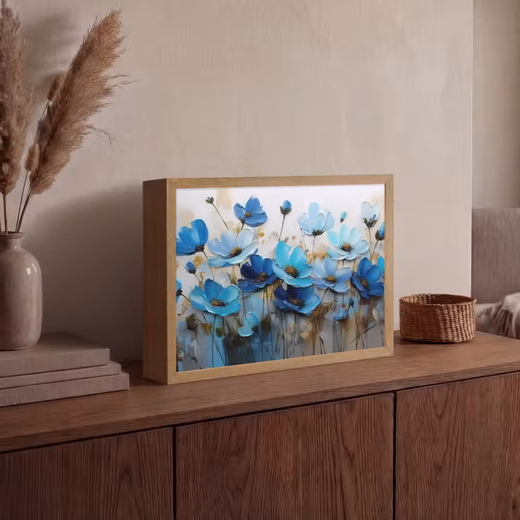 Bloemen - Schilderij - Blauw Light Box met batterij (Wandlamp) middel -sfeer2