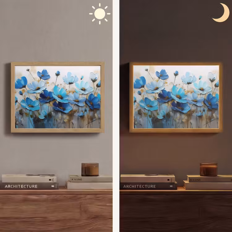 Bloemen - Schilderij - Blauw Light Box met batterij (Wandlamp) middel -sfeer3