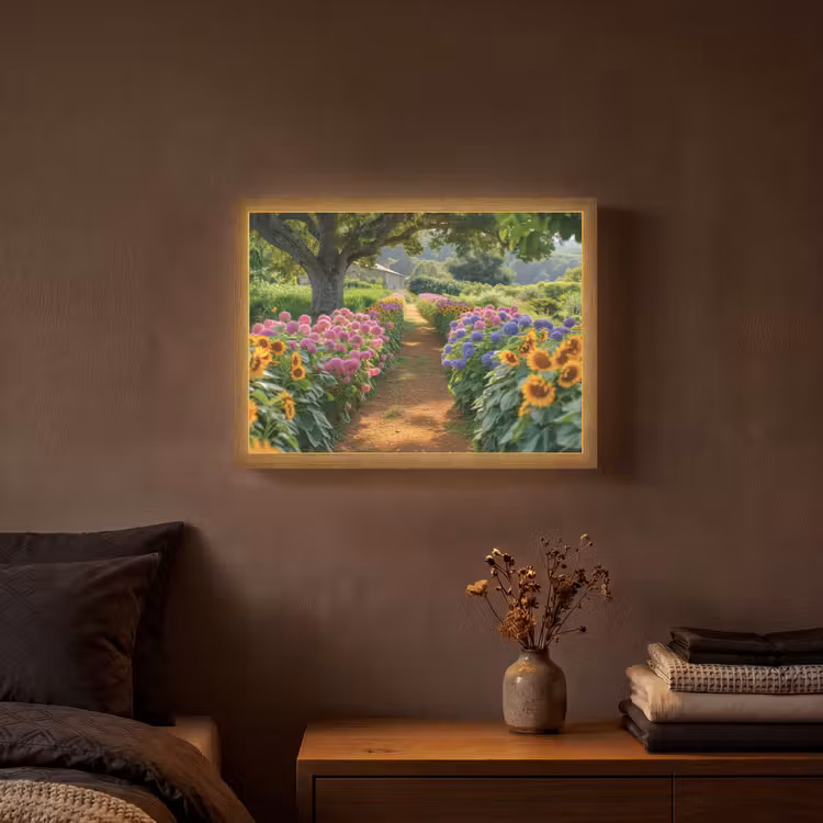 Bloemen - Pad - Zonnebloemen - Tuin - Hortensia Light Box met batterij (Wandlamp) middel -sfeer4