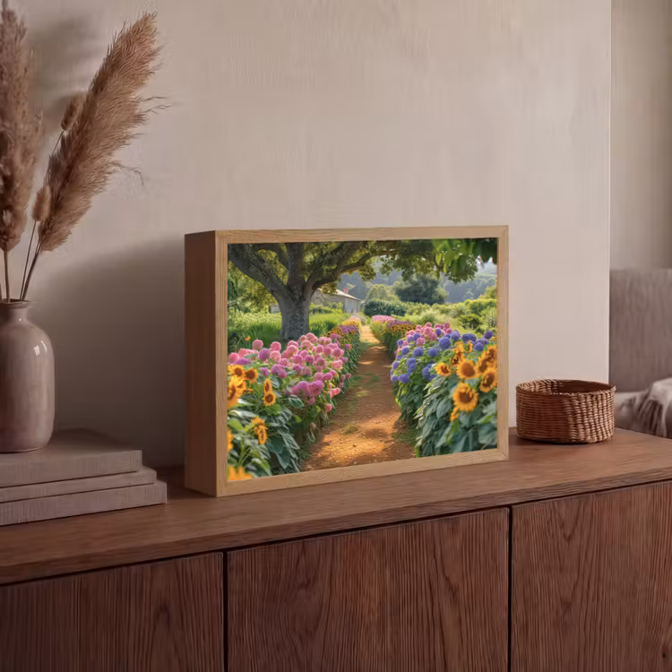 Bloemen - Pad - Zonnebloemen - Tuin - Hortensia Light Box met batterij (Wandlamp) middel -sfeer2