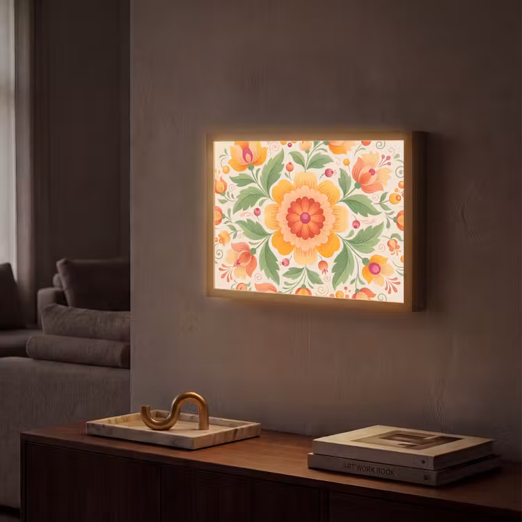 Bloemen - Patroon - Decoratief - Oranje Light Box met batterij (Wandlamp) middel -sfeer1